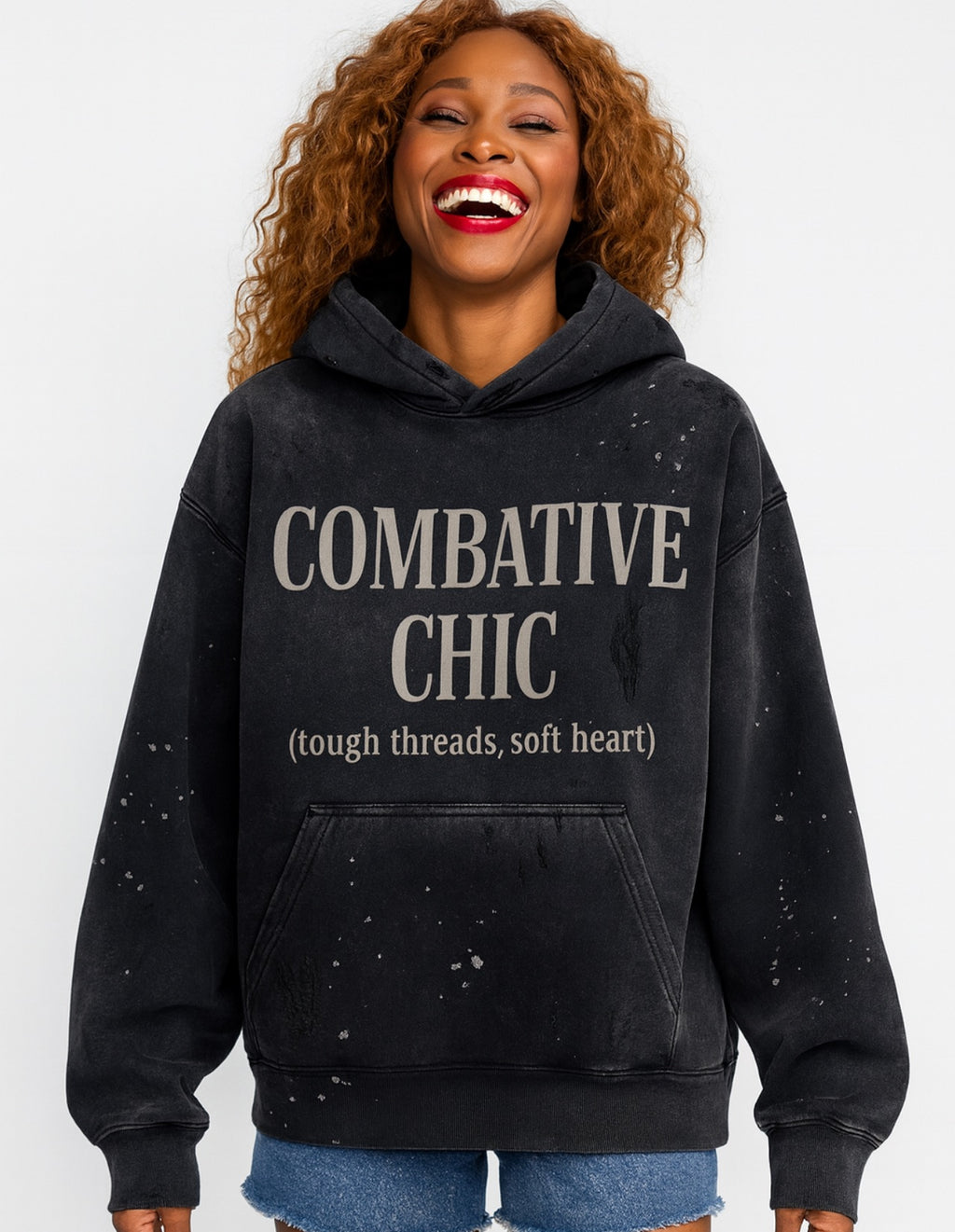 Combative Chic Worn Loud Distressed 
Hoodie