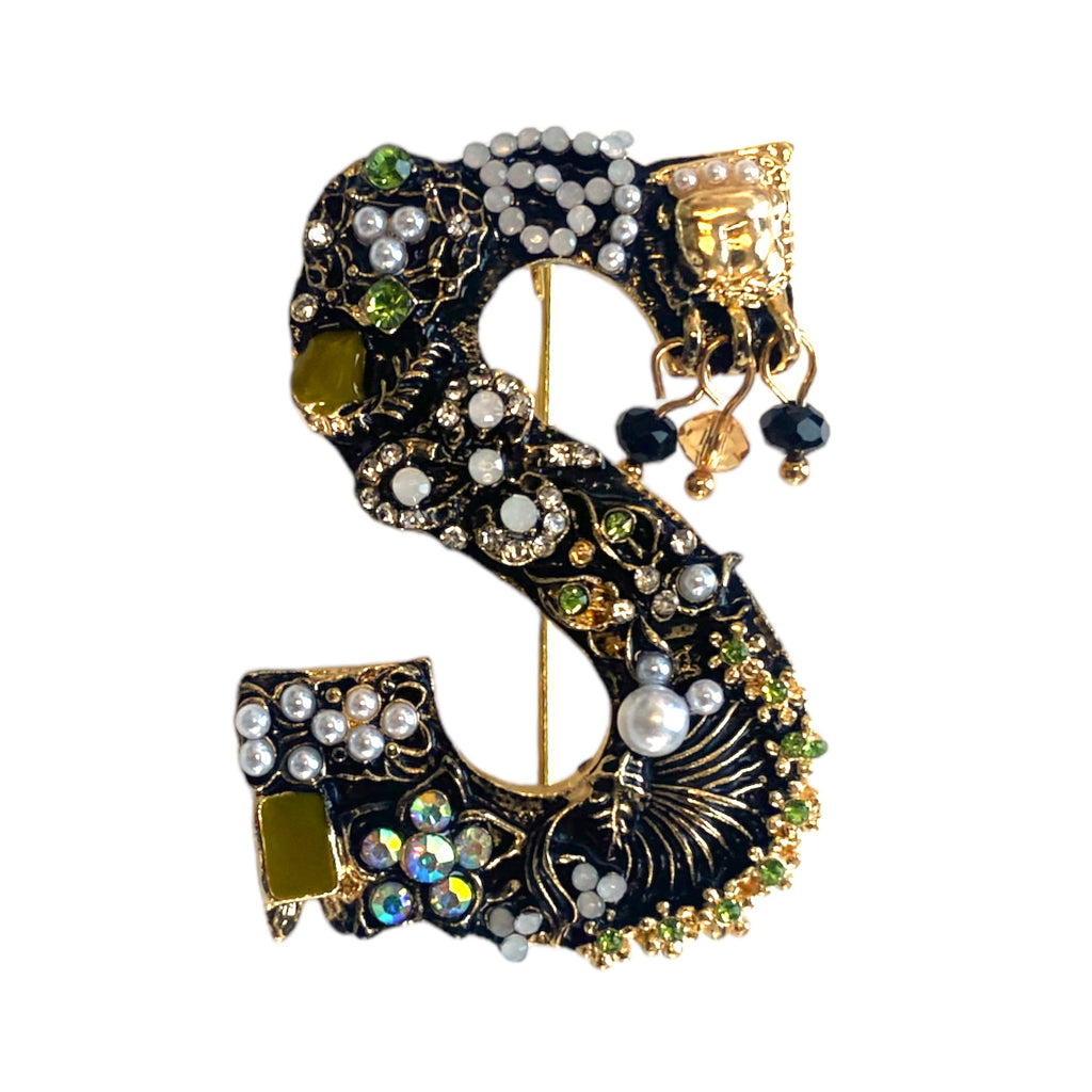 Stone Encrusted Letter “S” Brooch