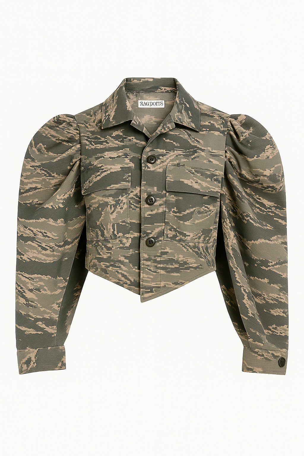Ragdoll ’25 Camouflage Capelet Puff Sleeve Crop Jacket