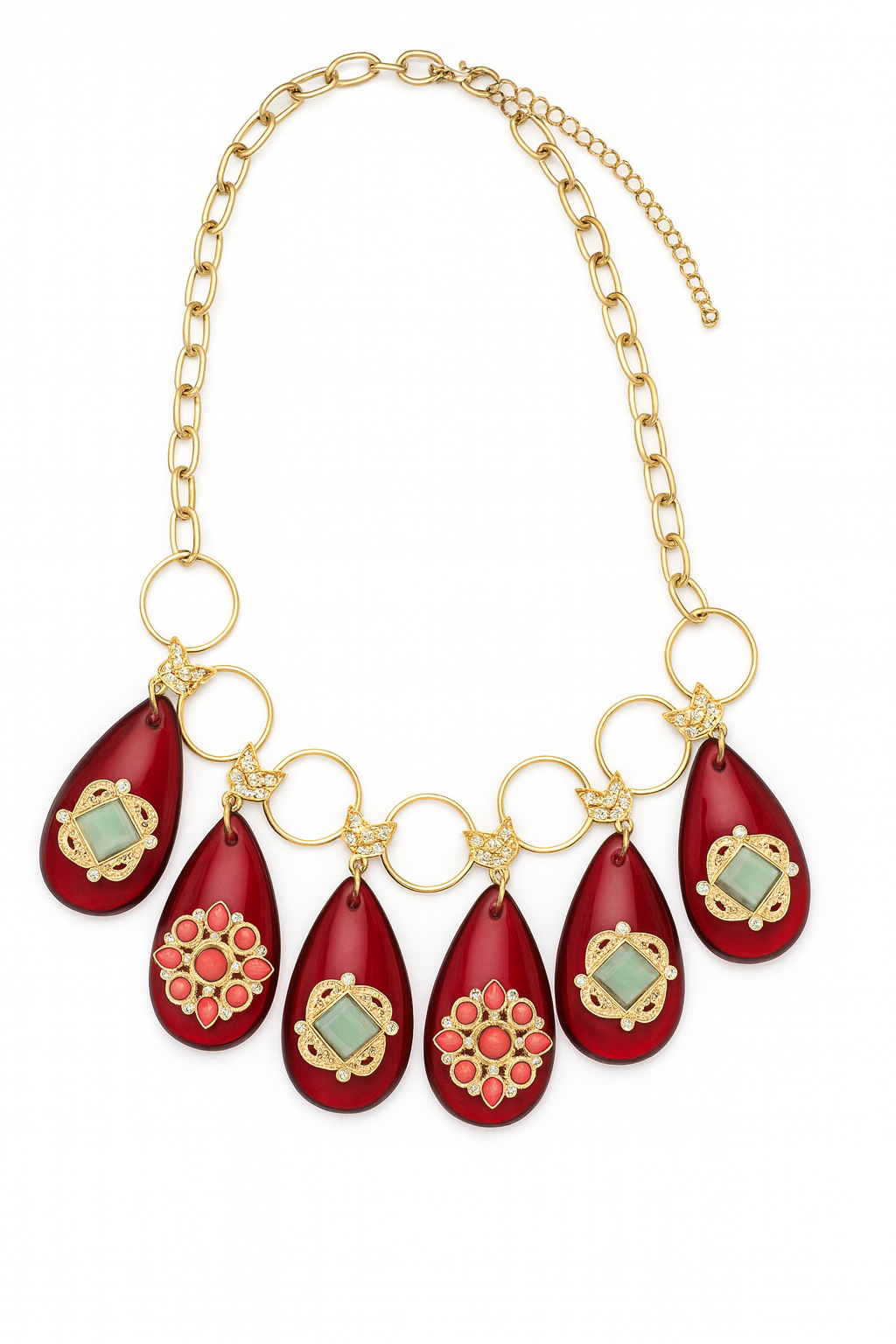 Regal Crimson Medallion Teardrop Necklace